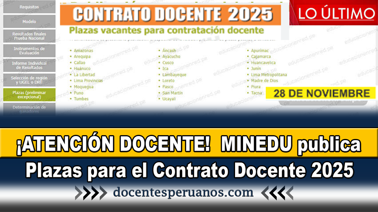 ATENCIÓN DOCENTE MINEDU publica Plazas para el Contrato Docente 2025