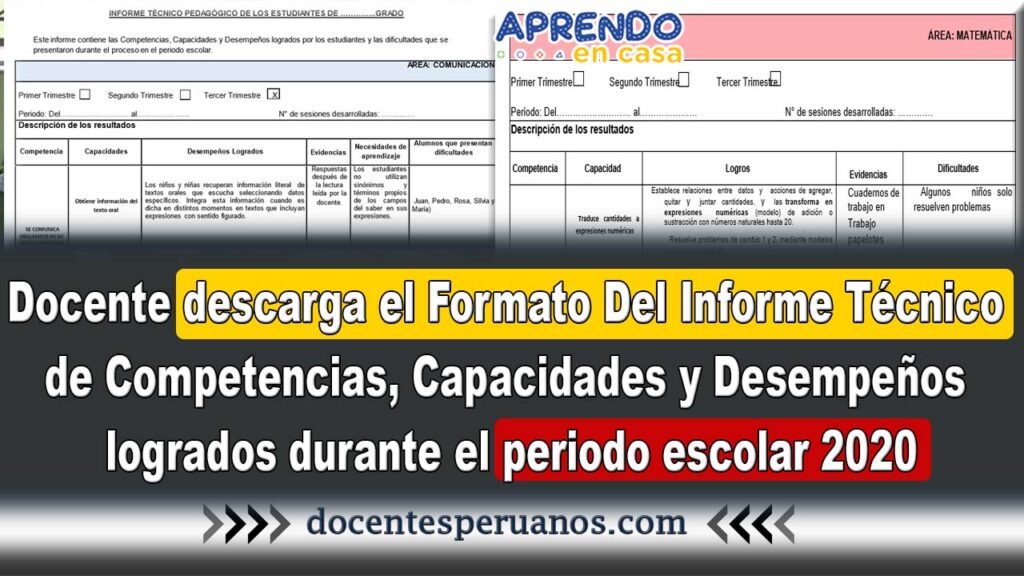 Docente descarga el Formato Del Informe Técnico de Competencias, Capacidades y Desempeños logrados durante el periodo escolar 2020.