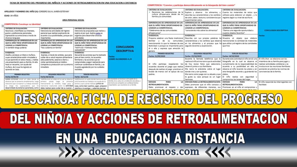 DESCARGA: FICHA DE REGISTRO DEL PROGRESO DEL NIÑO/A Y ACCIONES DE RETROALIMENTACION EN UNA EDUCACION A DISTANCIA