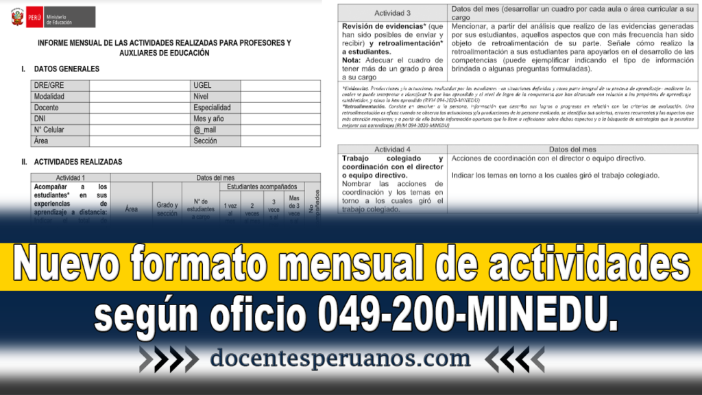 Nuevo formato mensual de actividades según oficio 049-200-MINEDU