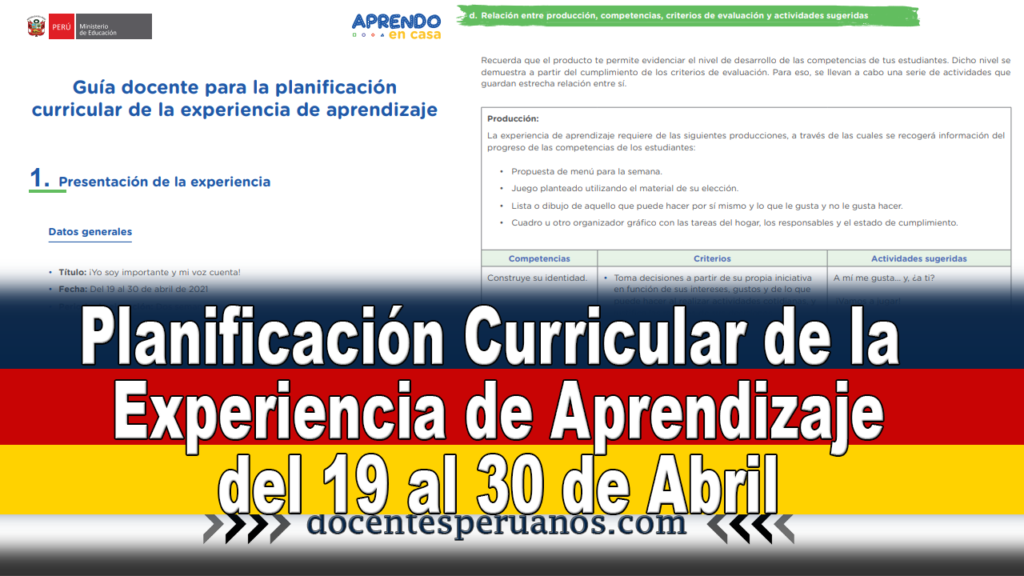 Planificación Curricular de la Experiencia de Aprendizaje del 19 al 30 de Abril