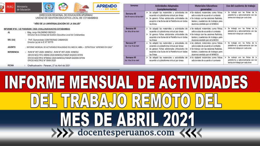 INFORME MENSUAL DE ACTIVIDADES DEL TRABAJO REMOTO DEL MES DE ABRIL 2021