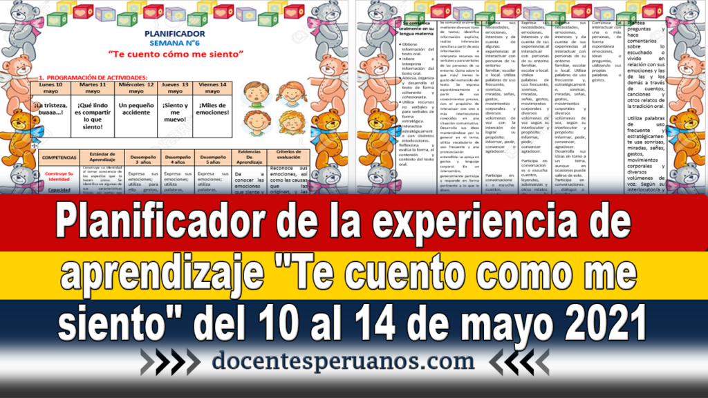 Planificador de la experiencia de aprendizaje "Te cuento como me siento" del 10 al 14 de mayo 2021