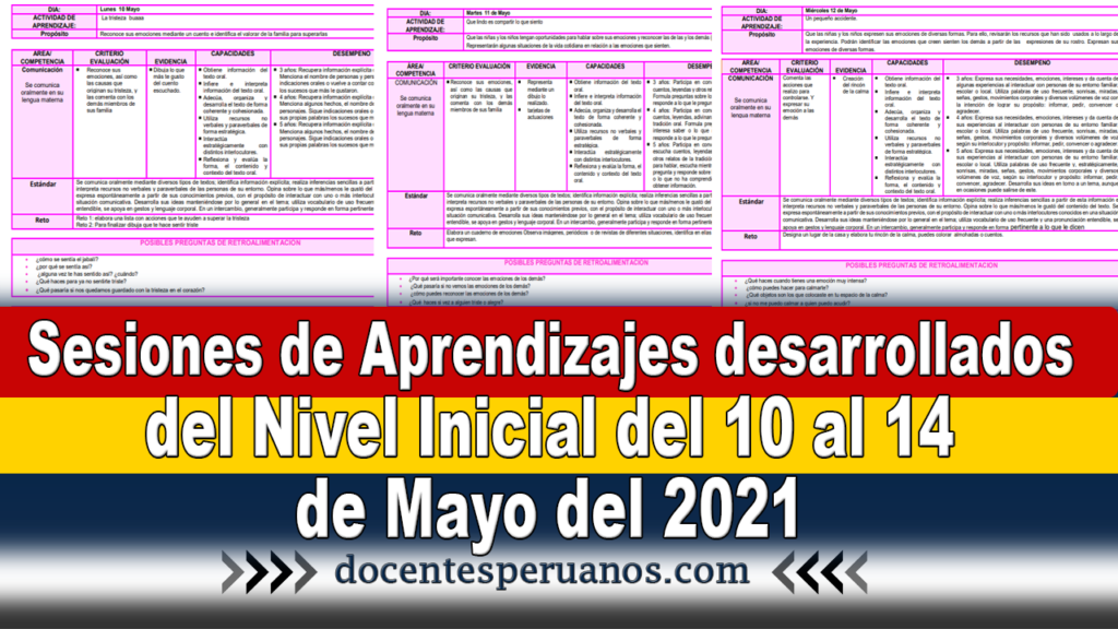 Sesiones de Aprendizajes desarrollados del Nivel Inicial del 10 al 14 de Mayo del 2021