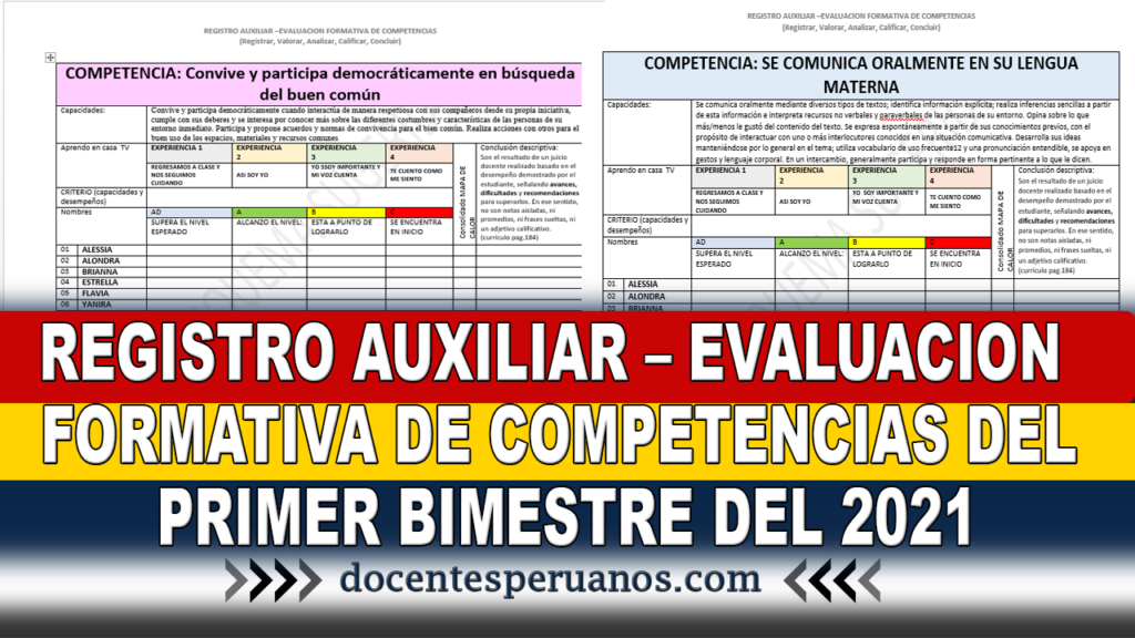 REGISTRO AUXILIAR – EVALUACION FORMATIVA DE COMPETENCIAS DEL PRIMER BIMESTRE DEL 2021