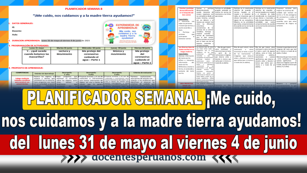 PLANIFICADOR SEMANA ¡Me cuido, nos cuidamos y a la madre tierra ayudamos! del lunes 31 de mayo al viernes 4 de junio