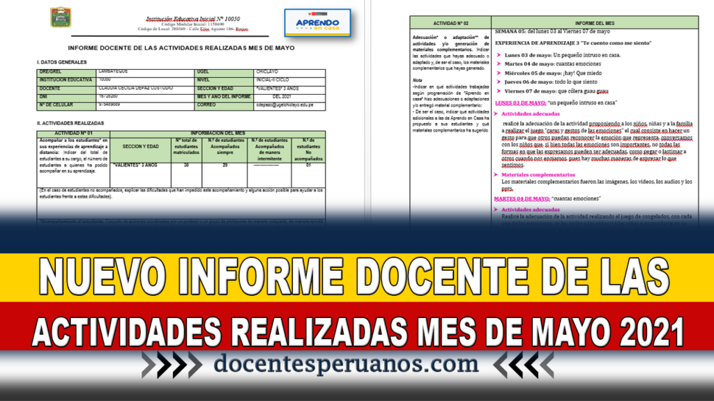 NUEVO INFORME DOCENTE DE LAS ACTIVIDADES REALIZADAS MES DE MAYO 2021