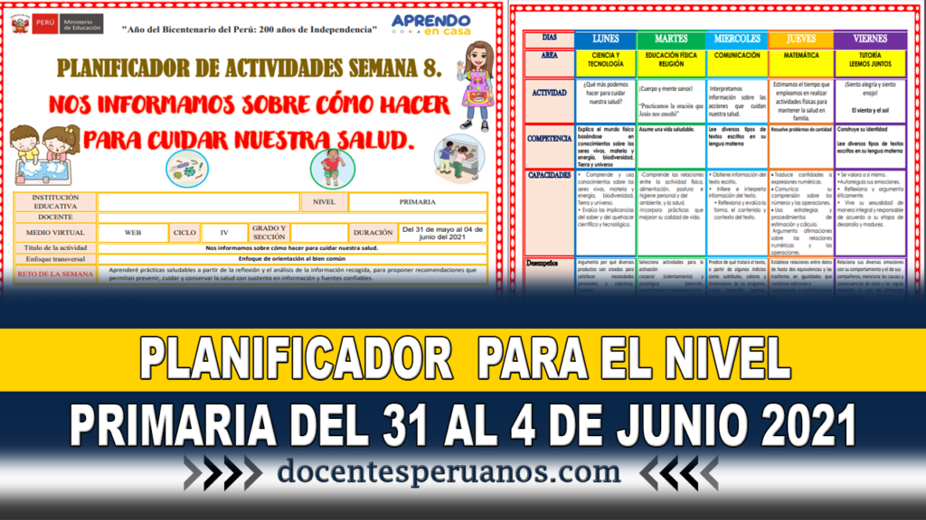 PLANIFICADOR PARA EL NIVEL PRIMARIA DEL 31 AL 4 DE JUNIO 2021