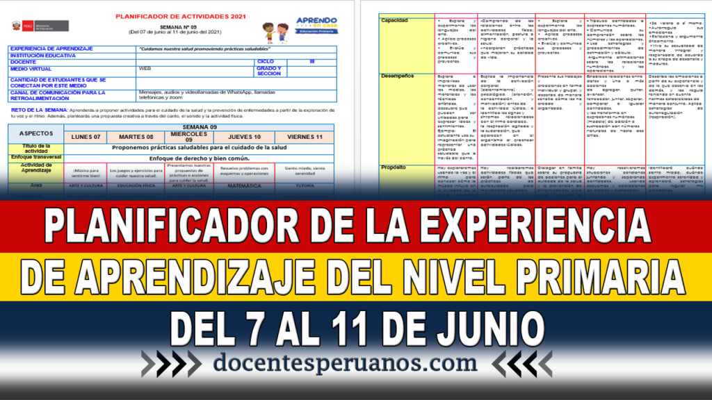 PLANIFICADOR DE LA EXPERIENCIA DE APRENDIZAJE DEL NIVEL PRIMARIA DEL 7 AL 11 DE JUNIO