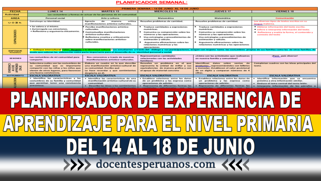 PLANIFICADOR DE EXPERIENCIA DE APRENDIZAJE PARA EL NIVEL PRIMARIA DEL 14 AL 18 DE JUNIO