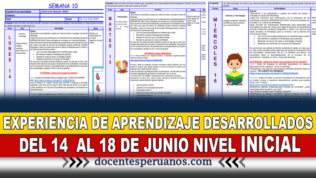 EXPERIENCIA DE APRENDIZAJE DESARROLLADOS DEL 14 AL 18 DE JUNIO NIVEL INICIAL