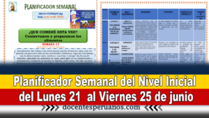 Planificador Semanal del Nivel inicial del Lunes 21 al Viernes 25 de junio