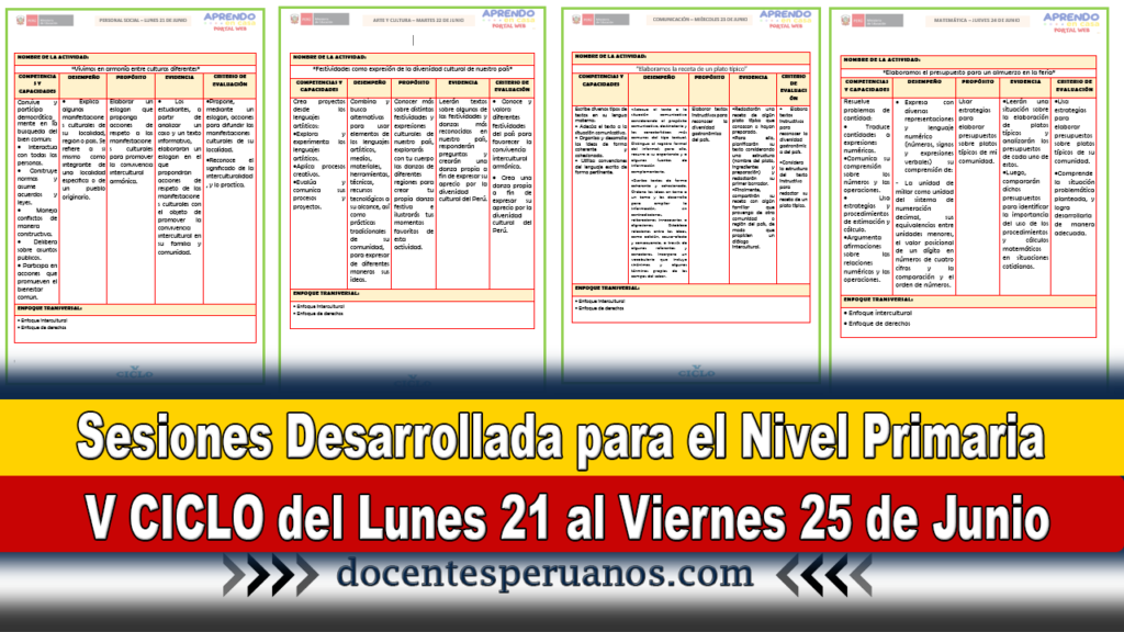 Sesiones Desarrollada para el Nivel Primaria V CICLO del Lunes 21 al Viernes 25 de Junio