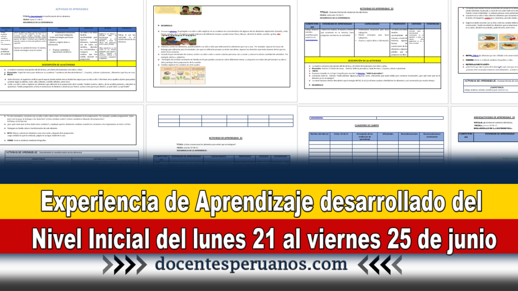 Experiencia de Aprendizaje desarrollado del Nivel Inicial del lunes 21 al viernes 25 de junio