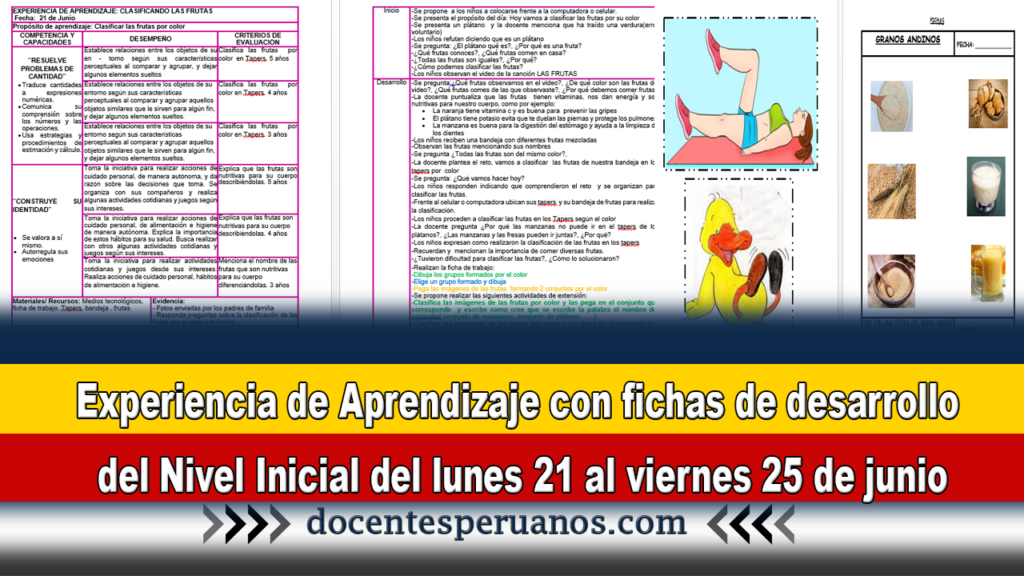 Experiencia de Aprendizaje con fichas de desarrollo del Nivel Inicial del lunes 21 al viernes 25 de junio