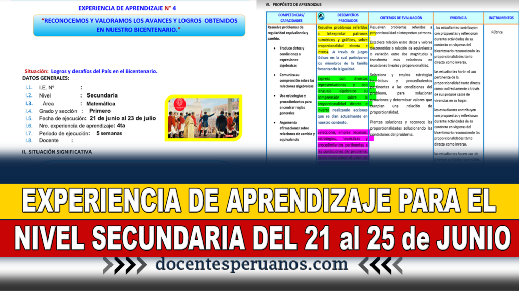 EXPERIENCIA DE APRENDIZAJE PARA EL NIVEL SECUNDARIA DEL 21 al 25 de JUNIO