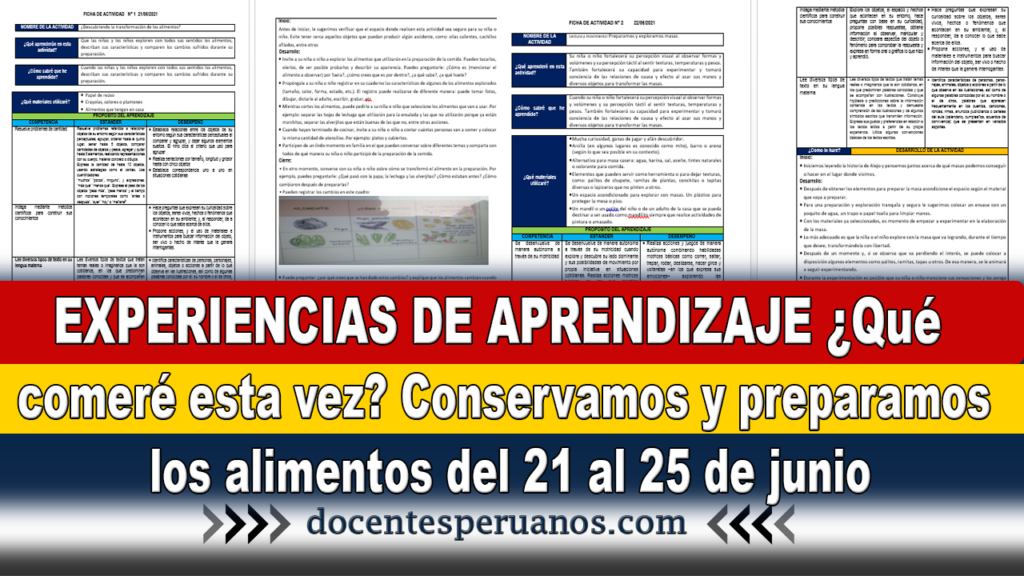 EXPERIENCIAS DE APRENDIZAJE ¿Qué comeré esta vez? Conservamos y preparamos los alimentos del 21 al 25 de junio