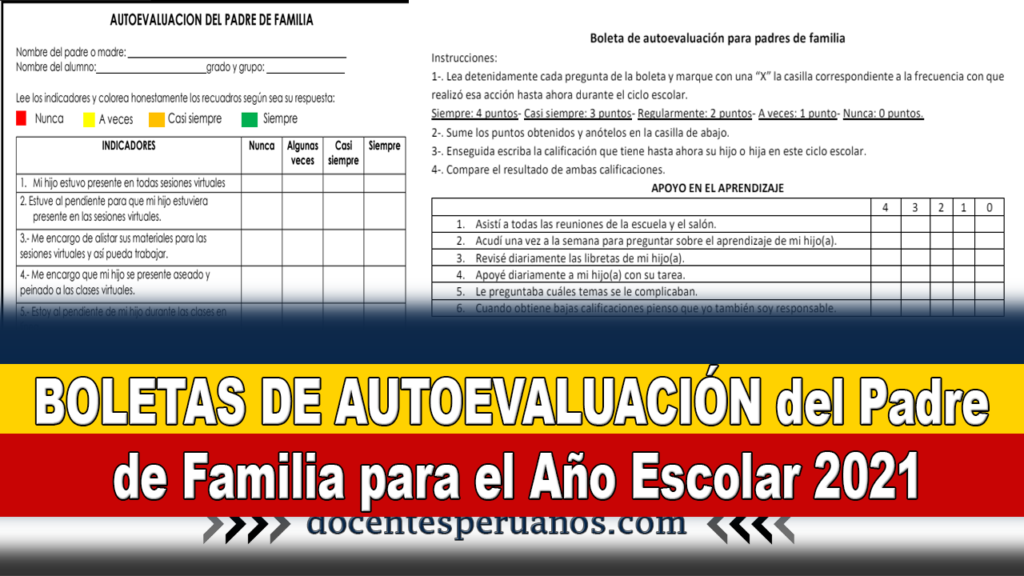 BOLETAS DE AUTOEVALUACIÓN del Padre de Familia para el Año Escolar 2021