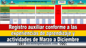 Registro auxiliar conforme a las experiencias de aprendizaje y actividades de Marzo a Diciembre