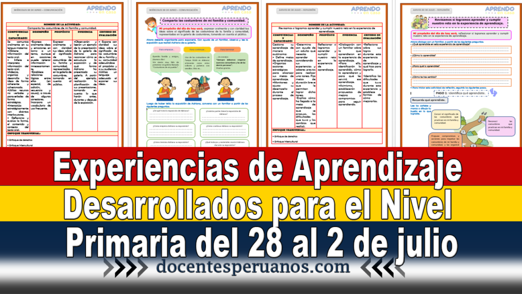 Experiencias de Aprendizaje Desarrollados para el Nivel Primaria del 28 al 2 de julio