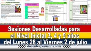 Sesiones Desarrolladas para el nivel inicial 3,4 y 5 años del Lunes 28 al Viernes 2 de Julio