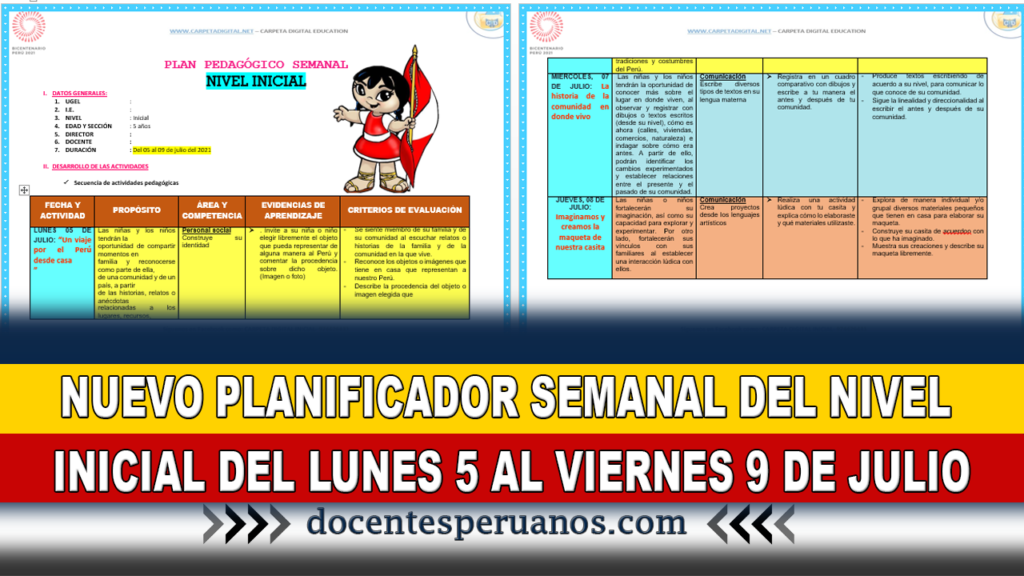 NUEVO PLANIFICADOR SEMANAL DEL NIVEL INICIAL DEL LUNES 5 AL VIERNES 9 DE JULIO