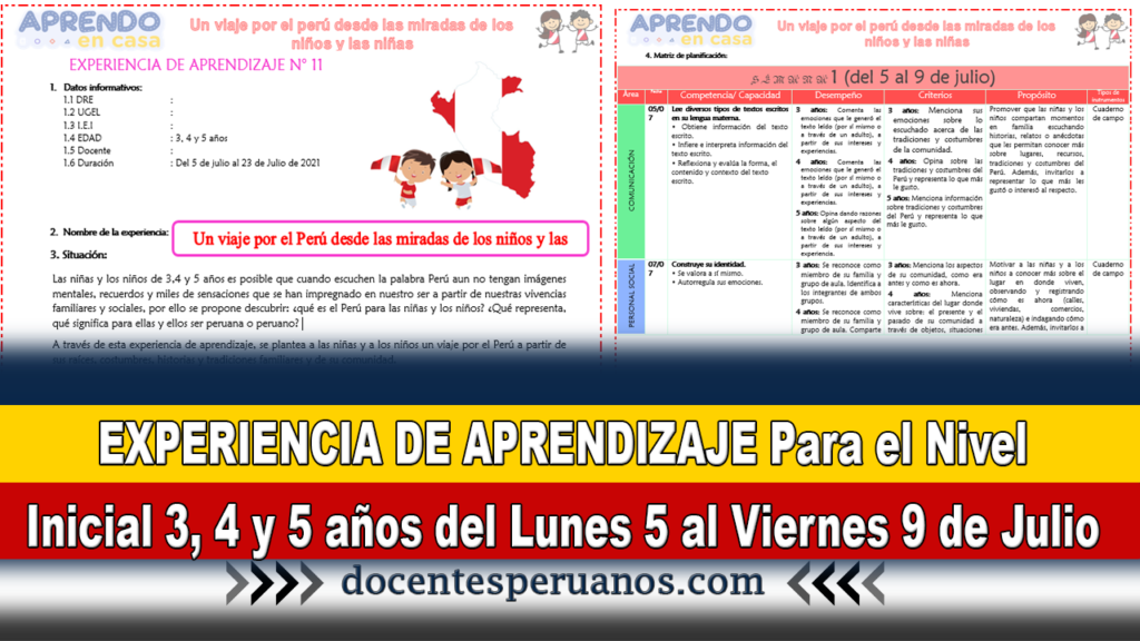 EXPERIENCIA DE APRENDIZAJE Para el Nivel Inicial 3, 4 y 5 años del Lunes 5 al Viernes 9 de Julio