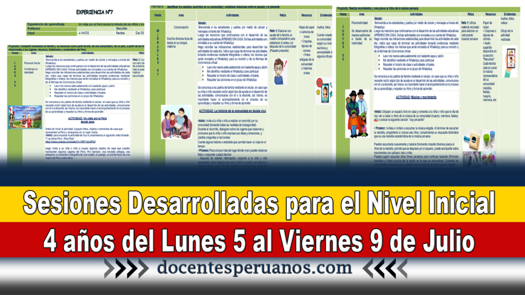 Sesiones Desarrolladas para el Nivel Inicial 4 años del Lunes 5 al Viernes 9 de Julio