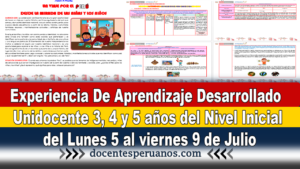 Experiencia De Aprendizaje Desarrollado Unidocente 3,4 y 5 años del Nivel Inicial del Lunes 5 al viernes 9 de Julio