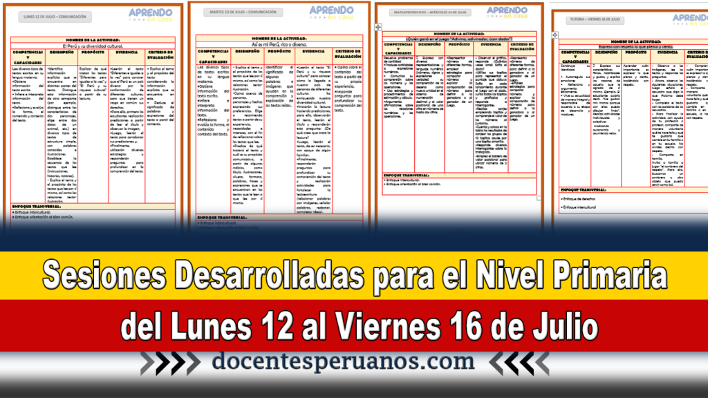 Sesiones Desarrolladas para el Nivel Primaria del Lunes 12 al Viernes 16 de Julio