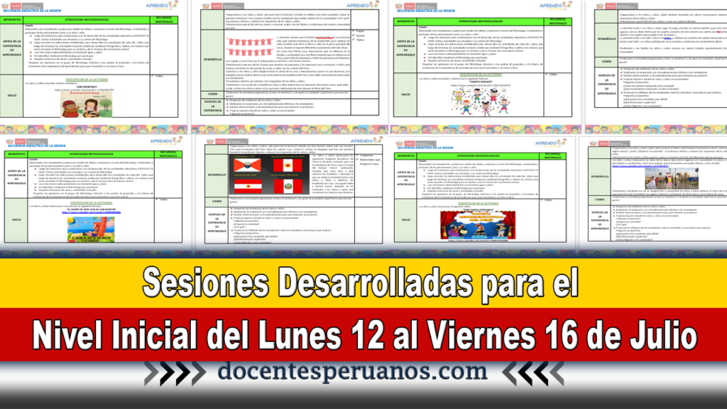 Sesiones Desarrolladas para el Nivel Inicial del Lunes 12 al Viernes 16 de Julio