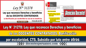 Ley N° 31278: Ley que reconoce Derechos y beneficios de los DOCENTES CONTRATADOS, Bonificación por escolaridad, CTS, Subsidio por luto y sepelio, entre otros