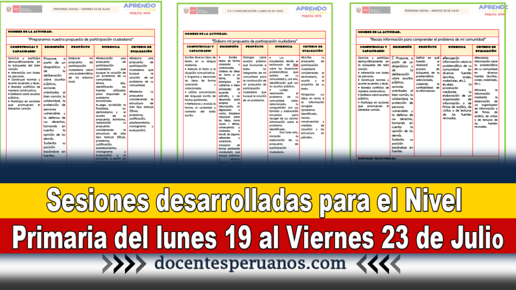 Sesiones desarrolladas para el Nivel Primaria del lunes 19 al Viernes 23 de Julio