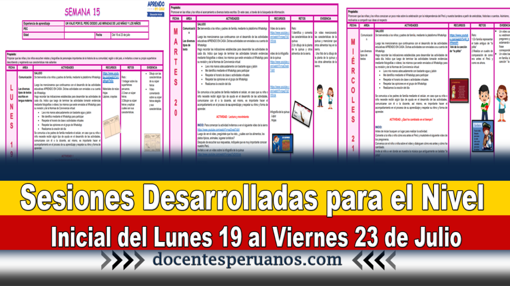 Sesiones Desarrolladas para el Nivel Inicial del Lunes 19 al Viernes 23 de Julio