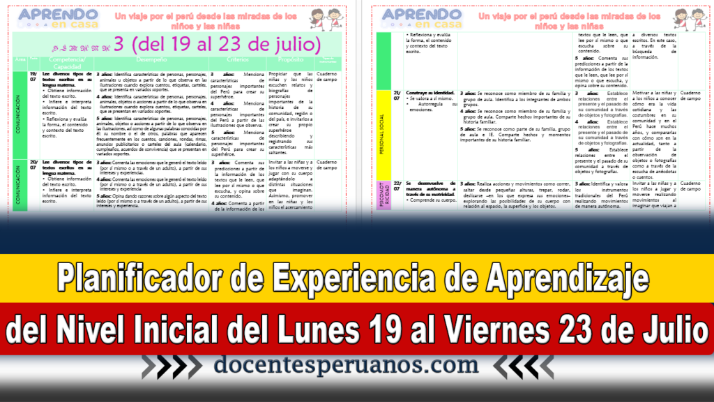 Planificador de Experiencia de Aprendizaje del Nivel Inicial del Lunes 19 al Viernes 23 de Julio