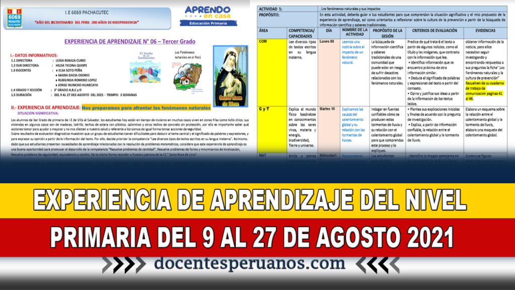 EXPERIENCIA DE APRENDIZAJE DEL NIVEL PRIMARIA DEL 9 AL 27 DE AGOSTO 2021