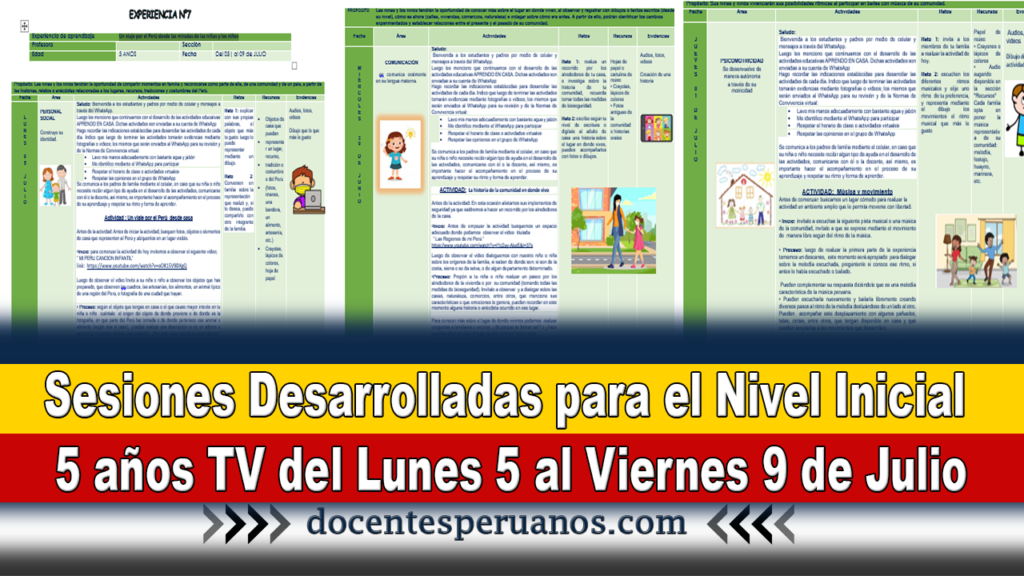 Sesiones Desarrolladas para el Nivel Inicial 5 años TV del Lunes 5 al Viernes 9 de Julio