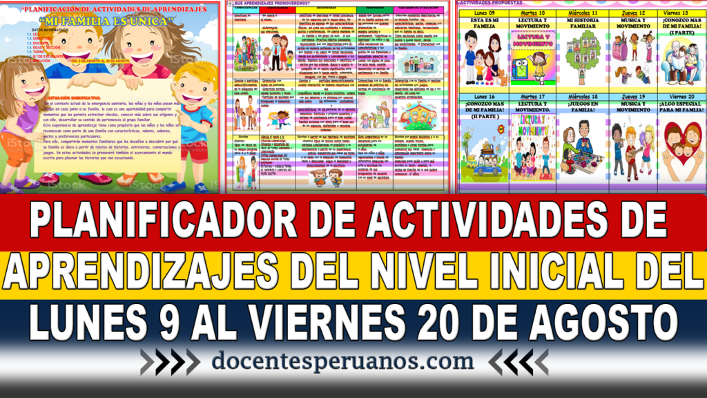 PLANIFICADOR DE ACTIVIDADES DE APRENDIZAJES DEL NIVEL INICIAL DEL LUNES 9 AL VIERNES 20 DE AGOSTO