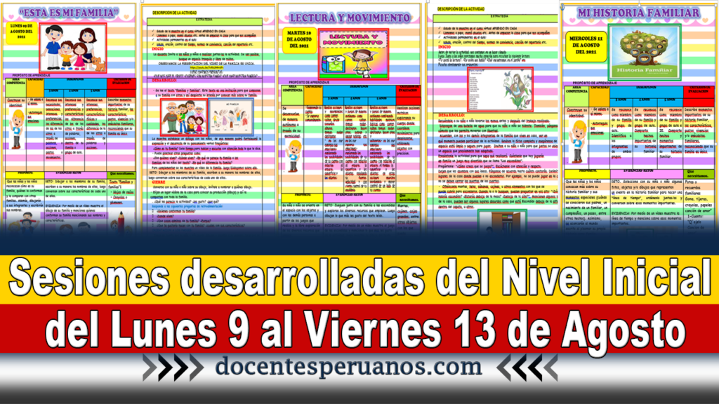 Sesiones desarrolladas del Nivel Inicial del Lunes 9 al Viernes 13 de Agosto