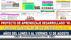 PROYECTO DE APRENDIZAJE DESARROLLADO "MI FAMILIA ES ÚNICA "DEL NIVEL INICIAL 3-4 Y 5 AÑOS DEL LUNES 9 AL VIERNES 12 DE AGOSTO