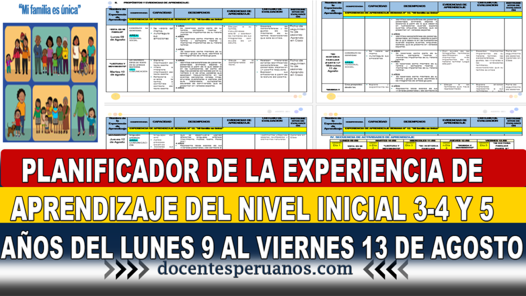 PLANIFICADOR DE LA EXPERIENCIA DE APRENDIZAJE DEL NIVEL INICIAL 3-4 Y 5 AÑOS DEL LUNES 9 AL VIERNES 13 DE AGOSTO