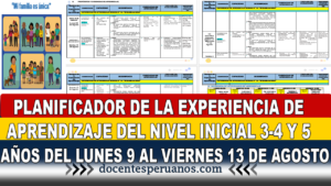 PLANIFICADOR DE LA EXPERIENCIA DE APRENDIZAJE DEL NIVEL INICIAL 3-4 Y 5 AÑOS DEL LUNES 9 AL VIERNES 13 DE AGOSTO