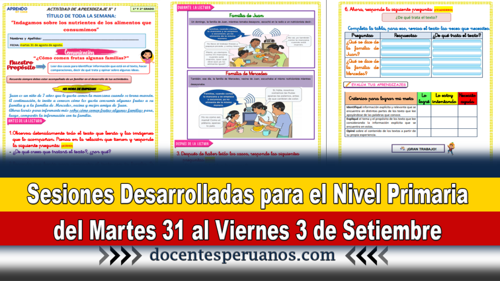 Sesiones Desarrolladas para el Nivel Primaria Del Martes 31 al Viernes 3 de Setiembre