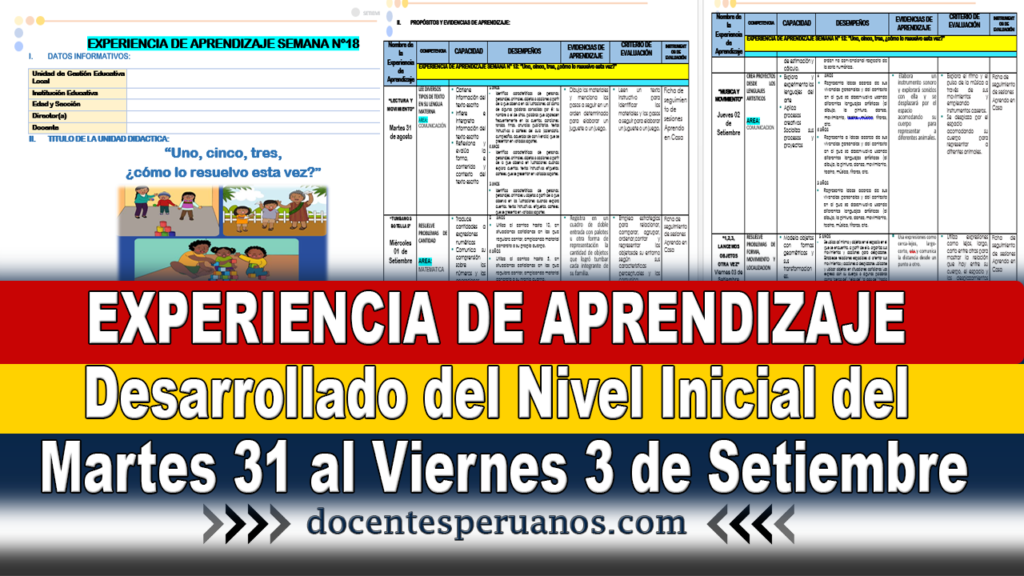 EXPERIENCIA DE APRENDIZAJE Desarrollado del Nivel Inicial del Martes 31 al Viernes 3 de Setiembre