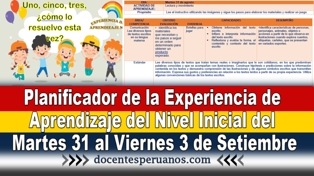 Planificador de la Experiencia de Aprendizaje del Nivel Inicial del Martes 31 al Viernes 3 de Setiembre