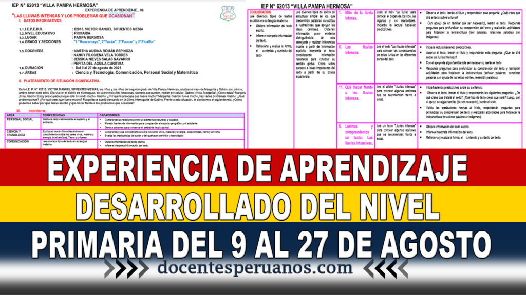 EXPERIENCIA DE APRENDIZAJE DESARROLLADO DEL NIVEL PRIMARIA DEL 9 AL 27 DE AGOSTO