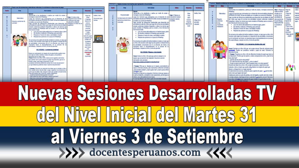 Nuevas Sesiones Desarrolladas TV del Nivel Inicial del Martes 31 al Viernes 3 de Setiembre