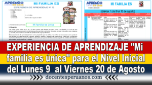 EXPERIENCIA DE APRENDIZAJE "Mi familia es única" para el Nivel Inicial del Lunes 9 al Viernes 20 de Agosto