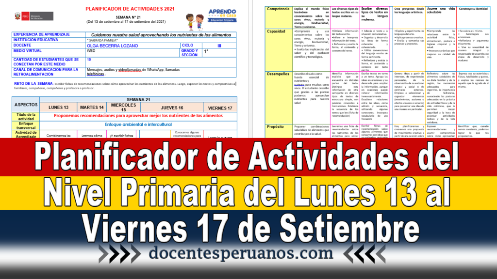 Planificador de Actividades del Nivel Primaria del Lunes 13 al Viernes 17 de Setiembre