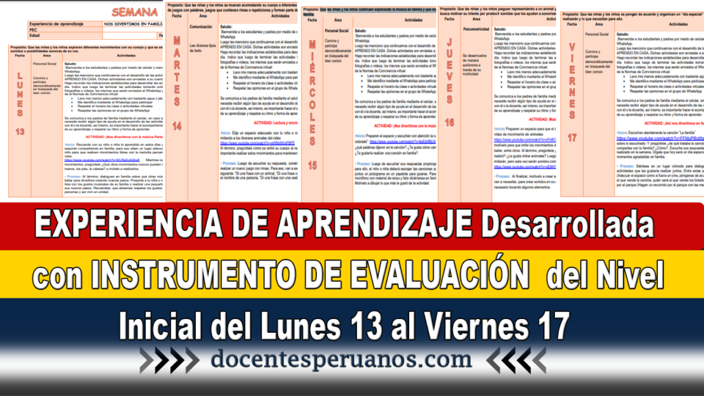 EXPERIENCIA DE APRENDIZAJE Desarrollada con INSTRUMENTO DE EVALUACIÓN del Nivel Inicial del Lunes 13 al Viernes 17